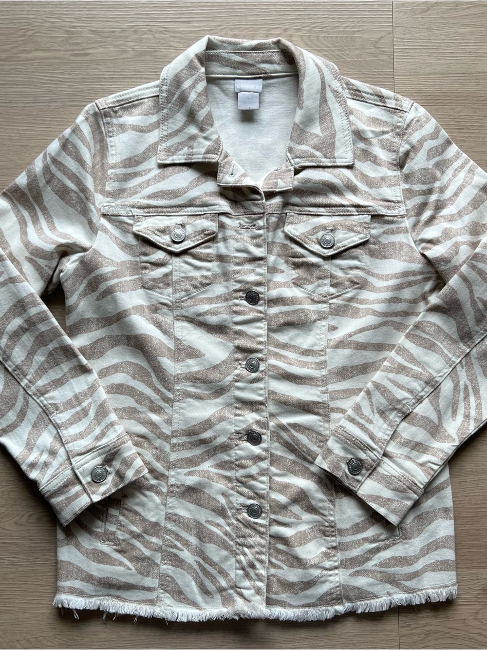 Chicos Cream Zebra-Print Stretch Denim Jacket